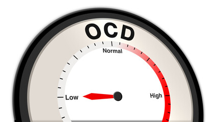 OCD at low severity displayed on a barometer or tachometer, indicating mild compulsive behaviors and intrusive thoughts, manageable with routine therapy and self-care strategies