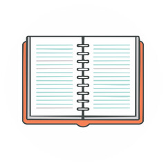 Open notebook with lined pages, orange cover, vector illustration of education concept