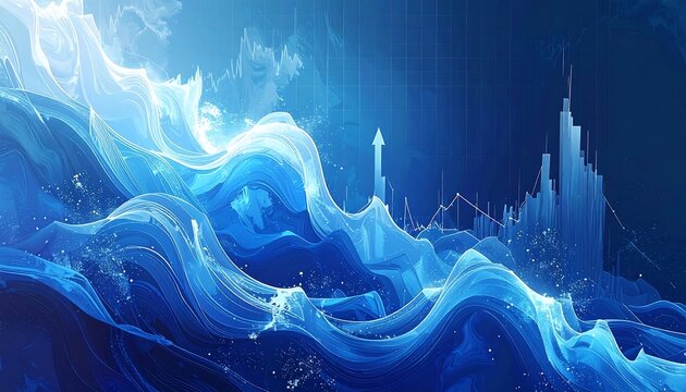 Digital abstract of rippling blue water, a chart with rising bars and lines, and an upward-pointing arrow, suggesting growth