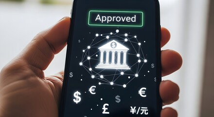 Hand holding a smartphone displaying an "Approved" message and a bank icon, surrounded by currency symbols, indicating a successful financial transaction.