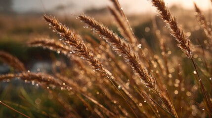 Fototapeta premium Gentle sunlight illuminates dewdrop-covered grass blades in a serene landscape, showcasing nature's tranquil beauty in early morning light