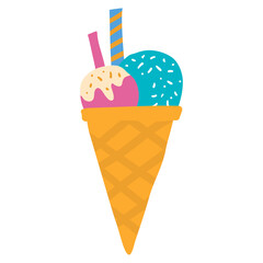 Vibrant Ice Cream Cone With Pink And Blue Scoops Decorated With Sprinkles And Toppings On A Transparent Background With Two Straws