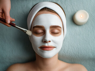 Woman is receiving facial treatment with white mask applied, lying on spa bed with candle nearby