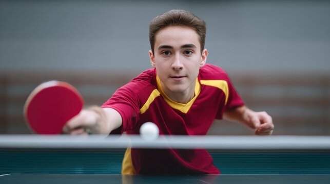 Focused Young Athlete in Action Playing Table Tennis with Determination and Skill on a Modern Indoor Table