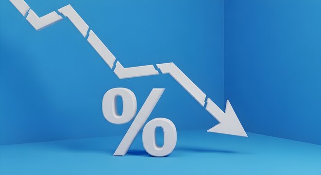 A white percentage symbol sits below a downward trending arrow, representing a decrease or loss, against a blue background.