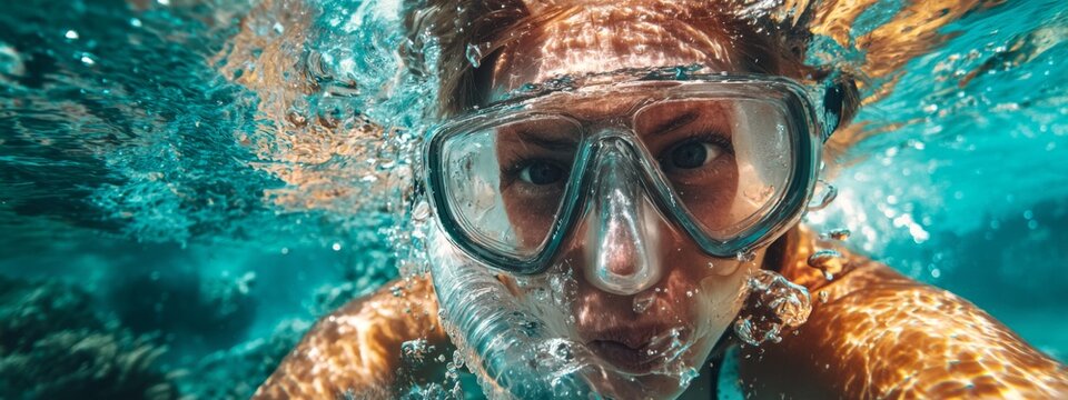 Person Holding Snorkel and Mask Underwater in Beautiful Tropical Environment Capturing the Joy of Diving Adventure