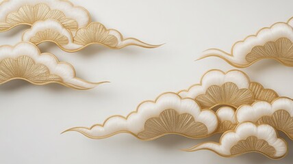 Intricate golden and white clouds adorned with delicate textures on a minimalist white background