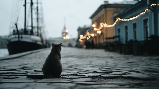 Chat noir assis sur des pav&eacute;s face &agrave; un port illumin&eacute; au cr&eacute;puscule