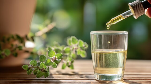 Pipette versant de l'huile essentielle dans un verre d'eau claire