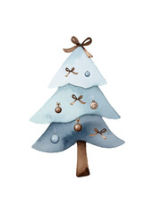 Christmas watercolor tree, with hand-drawn bows and toys, in soft blue and brown tones, simple Scandinavian style, vector