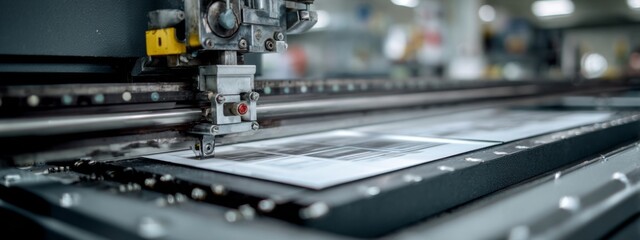 High-Tech Paper Cutter Slicing Printed Sheets in Active Workshop Environment with Modern Equipment and Tools