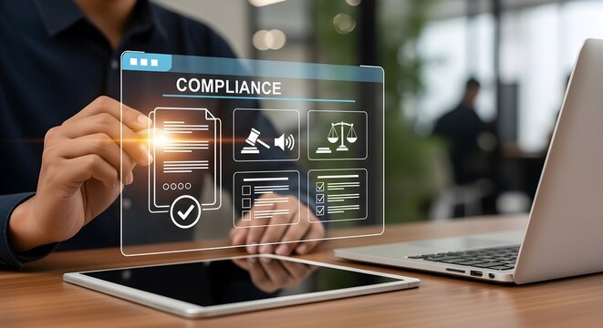 Man interacting with a compliance interface on a digital screen, using a stylus pen, with a laptop and tablet nearby.