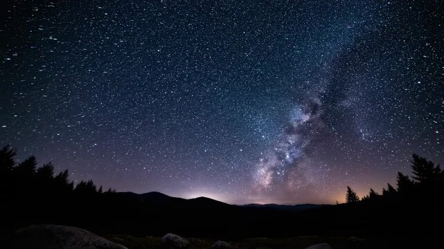 Majestic starry night sky timelapse, showcasing the celestial rotation of countless stars above a dark, silhouetted natural horizon background, infinite, imagination