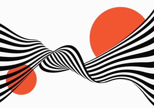 Minimalist black and white wavy lines with red circular accents in a dynamic, abstract design inspired by optical illusions