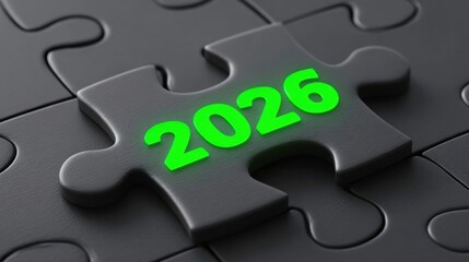 Fototapeta premium Black Puzzle Piece with the Year 2026 Illuminated in Green on a Dark Background