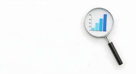 A magnifying glass focuses on a bar graph with increasing blue columns, set against a clean white background.