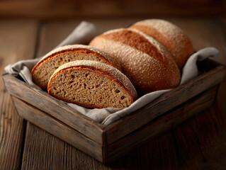Freshly baked rustic bread slices in wooden basket on wooden table, evoking warmth and homeliness