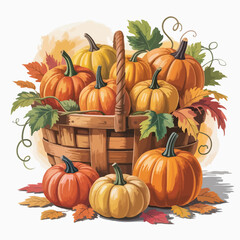 Basket overflowing with autumn pumpkins isolated on white background