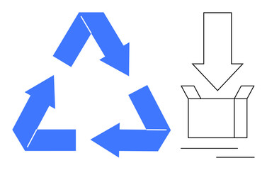 Blue recycling arrows form a triangle beside an open box with a downward arrow. Ideal for sustainability, waste management, environmental awareness, eco-packaging, recycling programs, green