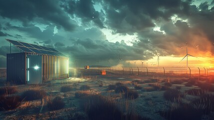 Obraz premium Futuristic energy storage system container with power conversion units and adjacent solar farm