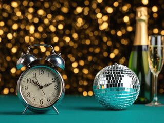 Vintage alarm clock, disco ball, champagne bottle, and glass teal surface with golden bokeh lights background, evoking festive