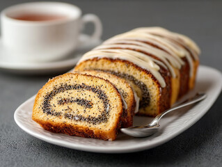 Sliced poppy seed roll cake with icing on white plate, served with cup of tea, creating cozy and inviting atmosphere