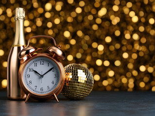 Vintage copper alarm clock, champagne bottle, and golden disco ball on dark surface with festive bokeh lights