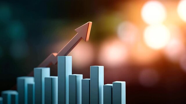 Upward arrow on a financial bar chart, thriving commerce in market growth, market innovation through positive trends, digital growth in investment strategies, consumer trends in su