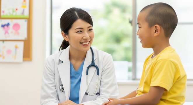 男の子を診察する笑顔の女医（小児科）