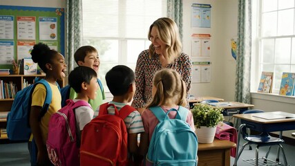 Teacher and student communicating in a colorful classroom, as a smiling teacher interacts with diverse students wearing backpacks near a plant on a table, with natural daylight and a joyful mood. - Powered by Adobe