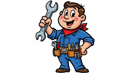 Friendly cartoon handyman with wrench, ready to tackle any repair with a smile, perfect for ads, educational content, and DIY projects