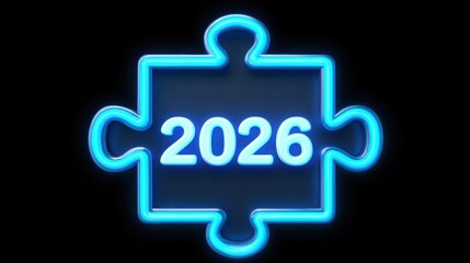 Obraz premium Glowing Puzzle Piece with Year 2026 Illuminated Against Dark Background for Creative Future Concepts