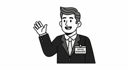Friendly office manager waving hello in a modern workplace, ready to assist with a smile and create a welcoming atmosphere for a positive work environment
