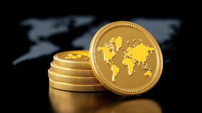 Golden Coins Featuring World Map Design on a Black Background for Financial and Business Concepts - Powered by Adobe