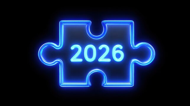 Neon Blue Puzzle Piece with Year 2026 Illuminated Against Black Background for Creative Design and Conceptual Use