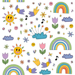Colorful seamless vector pattern with rainbow, clouds, flower, and butterfly for child or spring summer decoration design