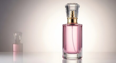 A luxurious pink perfume bottle with a crystal cap sits on a reflective surface.