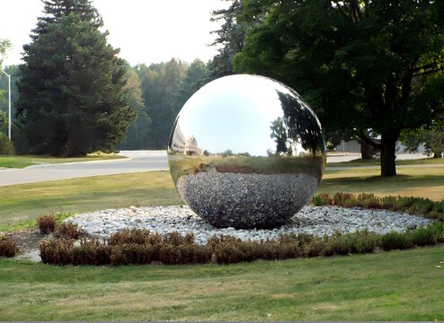 A large, highly polished stainless steel sphere sculpture displayed on a landscaped lawn located at the National Research Council Canada (NRC) campus on Montreal Road.
