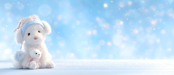 Fototapeta premium A white stuffed animal with a blue hat and a pink nose