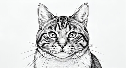 Detailed Black and White Drawing of a Tabby Cat Face
