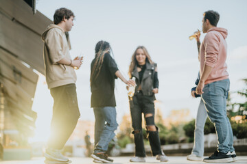 A diverse group of friends socializing outdoors during the day, engaging in conversation and enjoying drinks together in a modern, relaxed city environment.