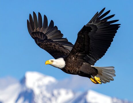 A majestic bird of prey soars gracefully through a vibrant blue sky with outstretched wings. Snowy mountains add depth to background - Powered by Adobe