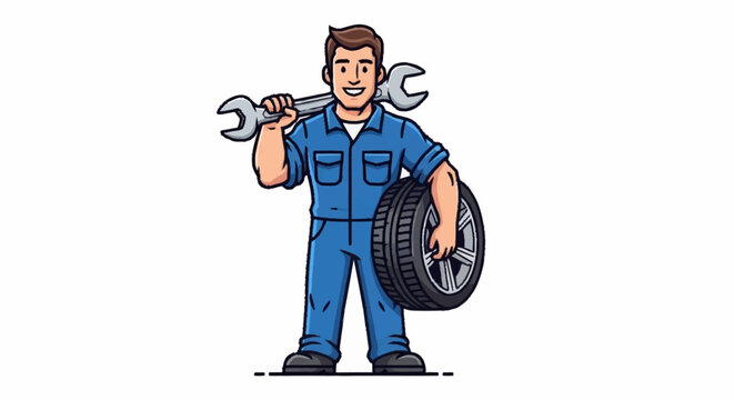 Reliable mechanic ready to service your vehicle with a smile and expert repair, providing automotive assistance with tools and tires in hand for auto care - Powered by Adobe