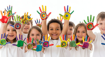 Diverse Children Showing Colorful Handprints on White Background