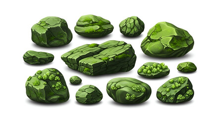 Collection of Green Moss Covered Rocks with Small Plants