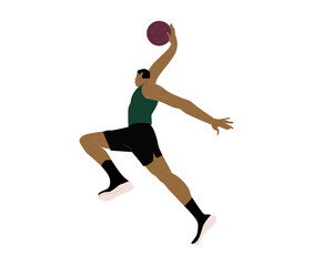 Basketball player with ball in hand, throwing it, jumping up. Strong man athlete in movement, action during shooting, playing sports game. Flat vector illustration isolated on white background.