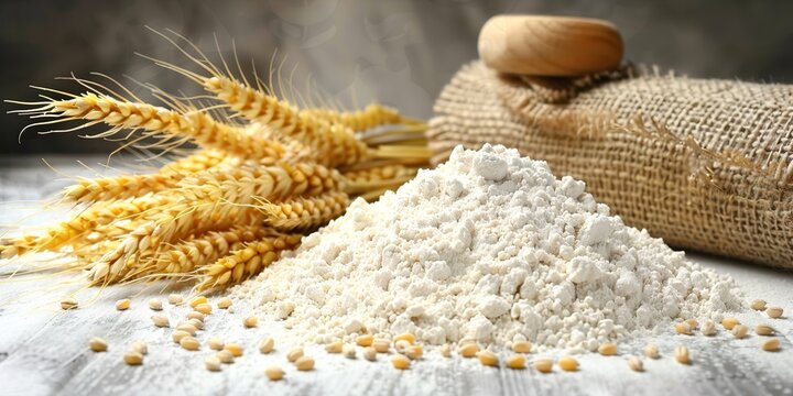 Rich pile of white flour with golden wheat ears and burlap sack