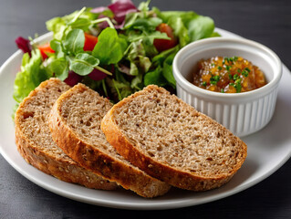 Plate with whole grain bread slices, fresh green salad, and small bowl of chutney, creating healthy and appetizing meal