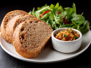 Whole grain bread slices served with fresh salad and side of flavorful salsa on white plate