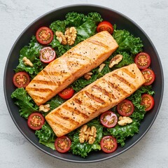 Grilled salmon fillets on fresh kale salad with cherry tomatoes and walnuts, perfect for healthy lunch ideas, keto recipes, food blogs, clean eating menus, diet meal plans